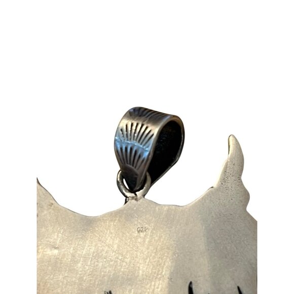 Navajo Sterling Silver Large Turquoise Longhorn Skull Steer Head Feather Pendant - Picture 4 of 5